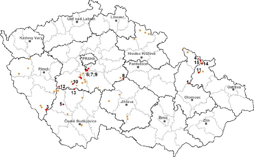 Mapa ložisek zlata v ČR